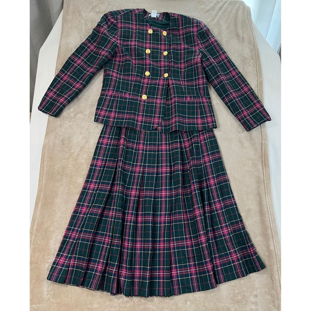 Vtg Pendleton Wool Skirt Suit Set Women 16 Green Pink Plaid Blazer Pleated Skirt